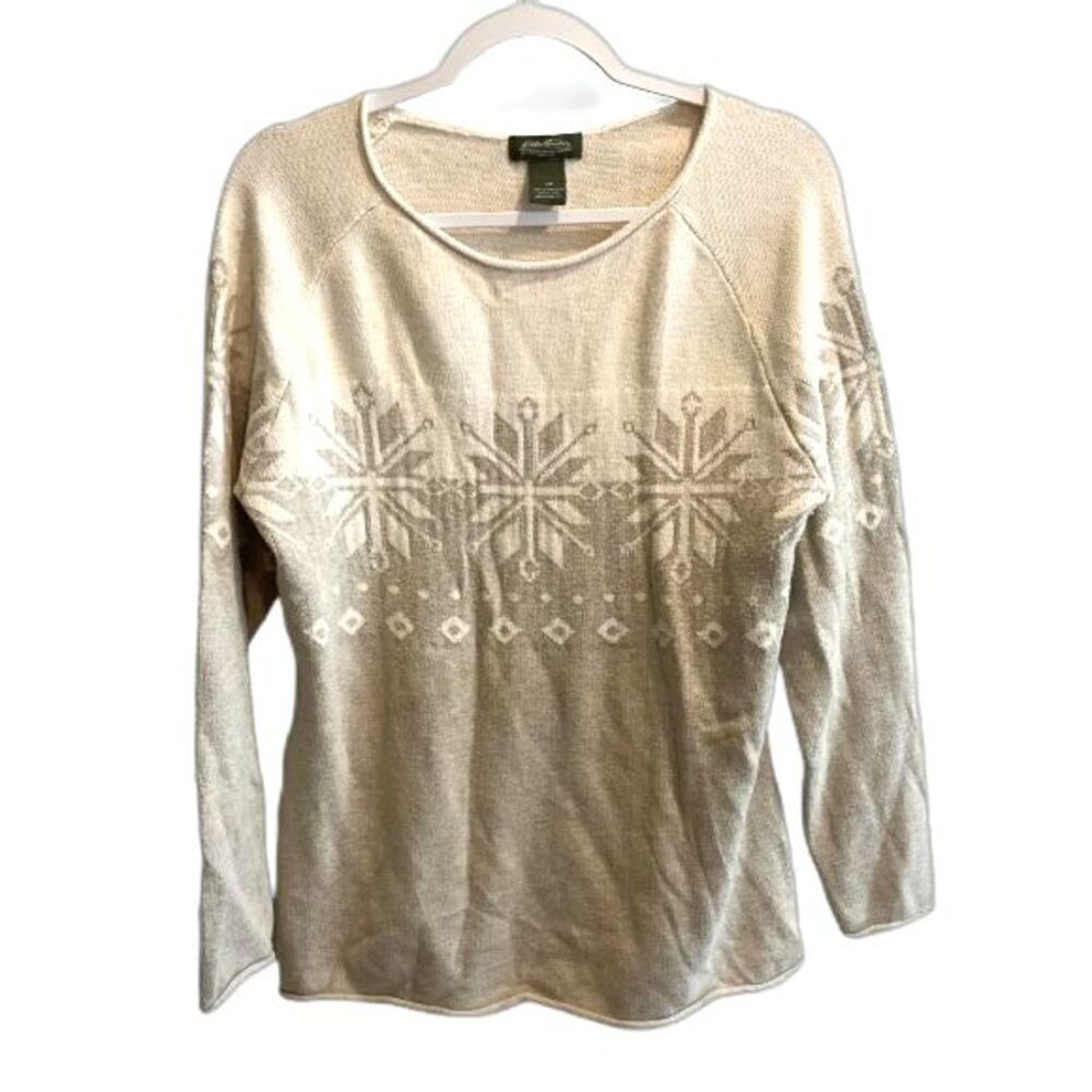 Eddie Bauer Women's Snowflake Fair Isle Knit Sweater L Vtg 90s 100% Cotton Y2K
